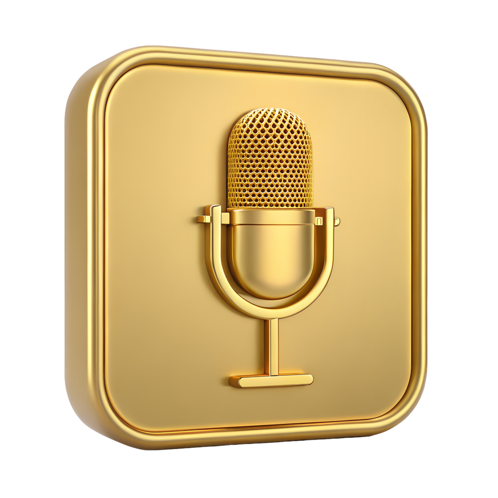 Golden Retro Microphone Icon on Square ButtonDigital Recording Studio Symbol Luxury Podcast App Design Element png