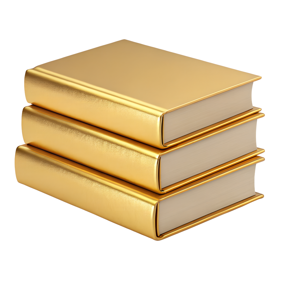 Stack of three golden books isolated transparent background luxury hardcover books golden textured cover wealth success concept precious knowledge png