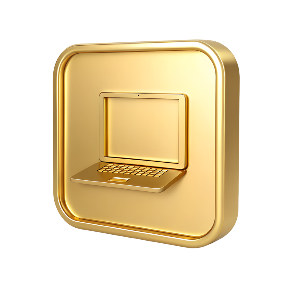 Golden Laptop Icon on Square Button Premium 3D Render Gold Luxury Technology Digital Device png