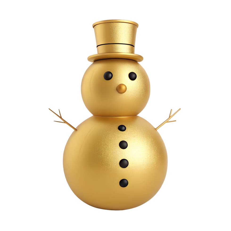 A Festive Golden Snowman 3D Render of a Sparkling Gold Snowman with a Top Hat for Christmas and Winter Holiday Decorations png