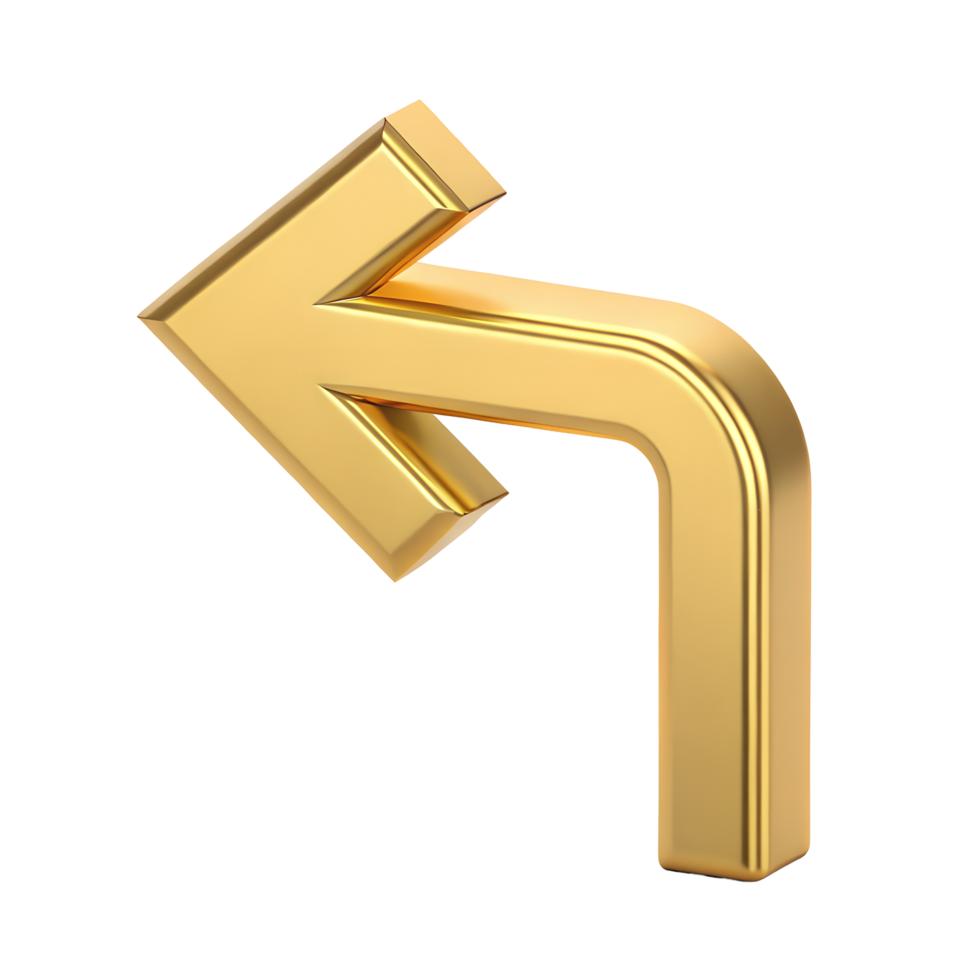 3D Render Golden Left Turn Arrow Sign Navigation Direction Shiny Metallic Backdrop png