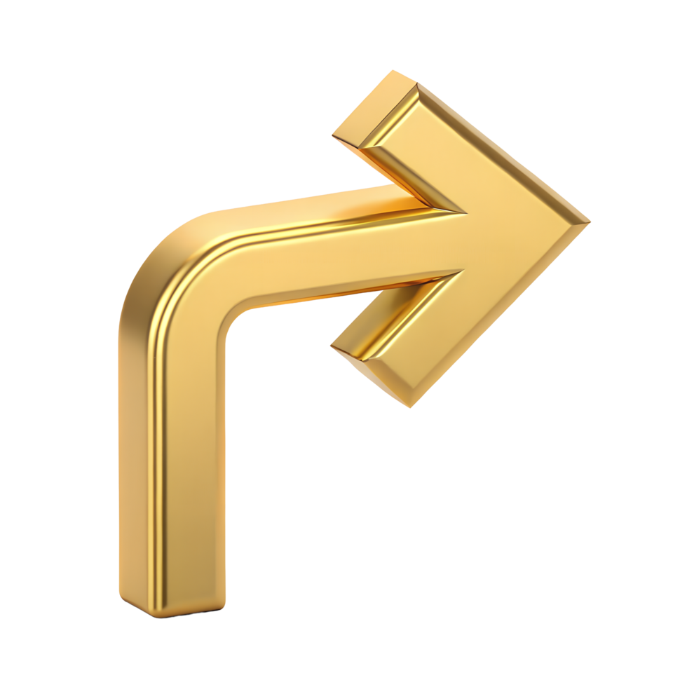 3D Render of a Shiny Golden Arrow Pointing Upward and to the Right Directional Indicator png