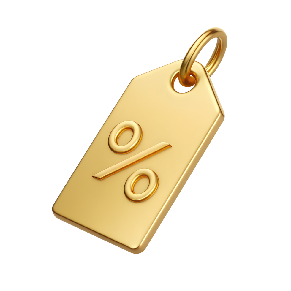 Luxury Gold Discount Tag Percentage Symbol Sale Offer 3D Render Shiny Golden Price Tag Retail png