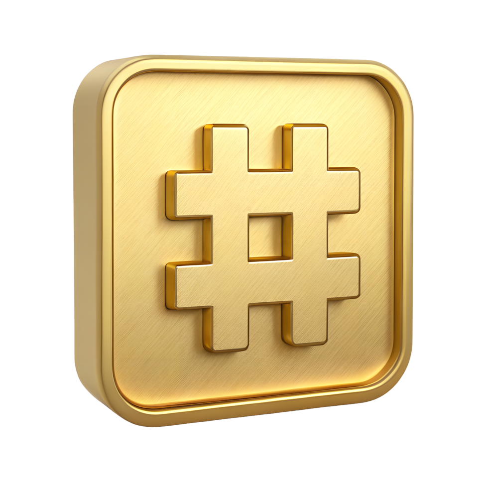 Golden Hashtag Symbol on Square Brushed Metal Button 3D Render png