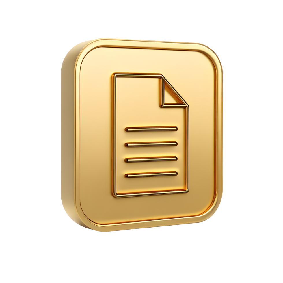 3D Golden Document Icon Luxury File Symbol Premium App Button Square Graphic Design Element png