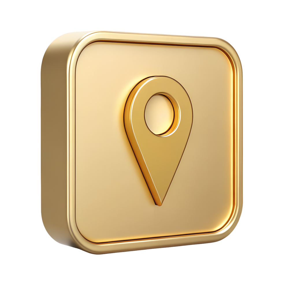 3D Golden Location Pin Icon on Square Button Navigation App GPS Map Pointer Symbol png