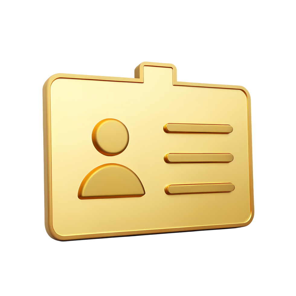 3D Render of Golden ID Card Identification Badge Profile Icon Membership Card Access Pass User Data png