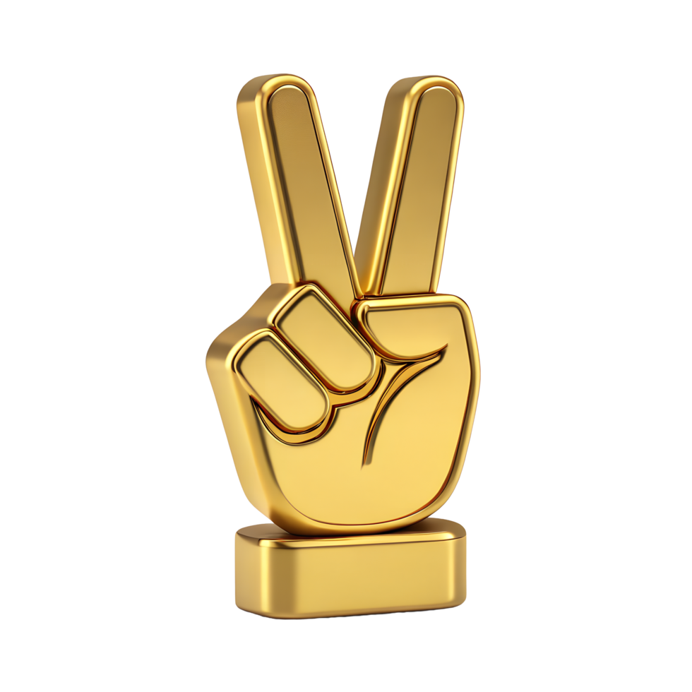Golden 3D Render of a Hand Showing the Victory or Peace Sign High Resolution Image for Website and png