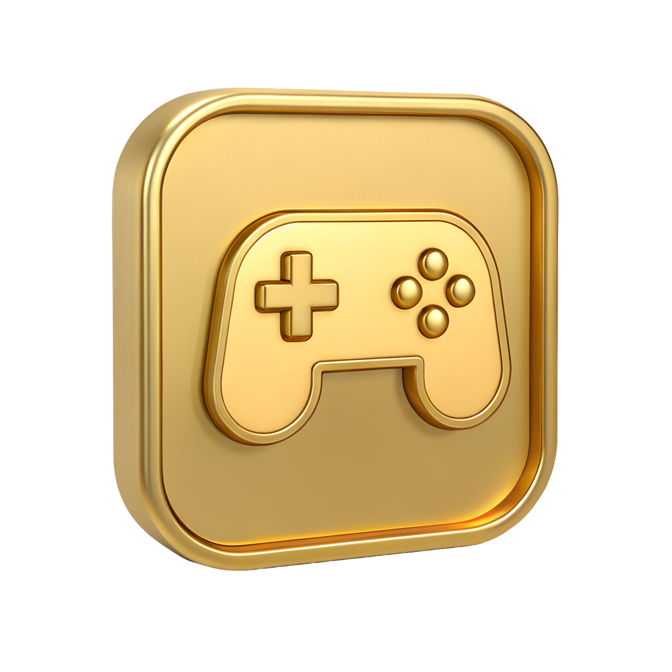 Golden 3D Game Controller Icon on Square Button Premium Gaming App Symbol Luxury Design png