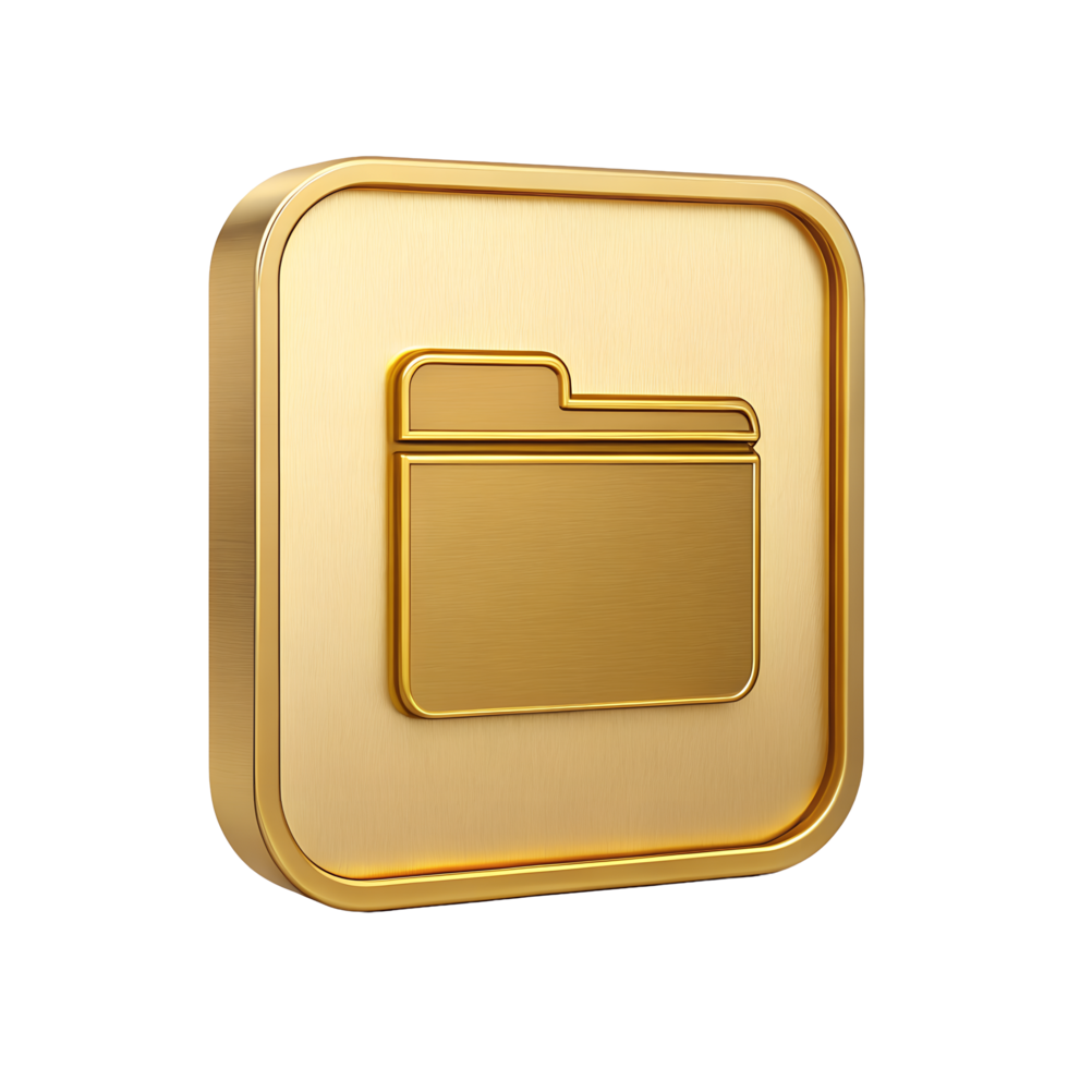 Golden 3D Render of a File Folder Icon on a Square Button Digital Data Storage Concept png