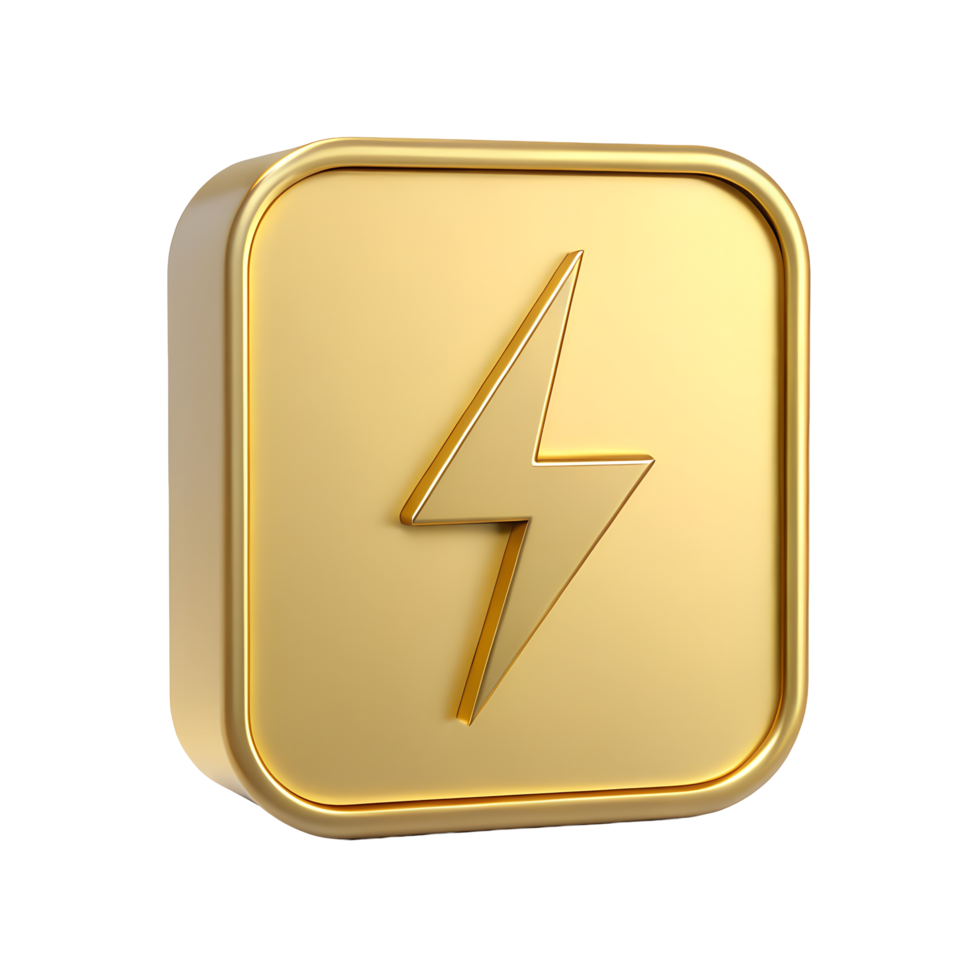 Golden 3D Lightning Bolt Icon in Square Button Fast Speed Power Energy Symbol png