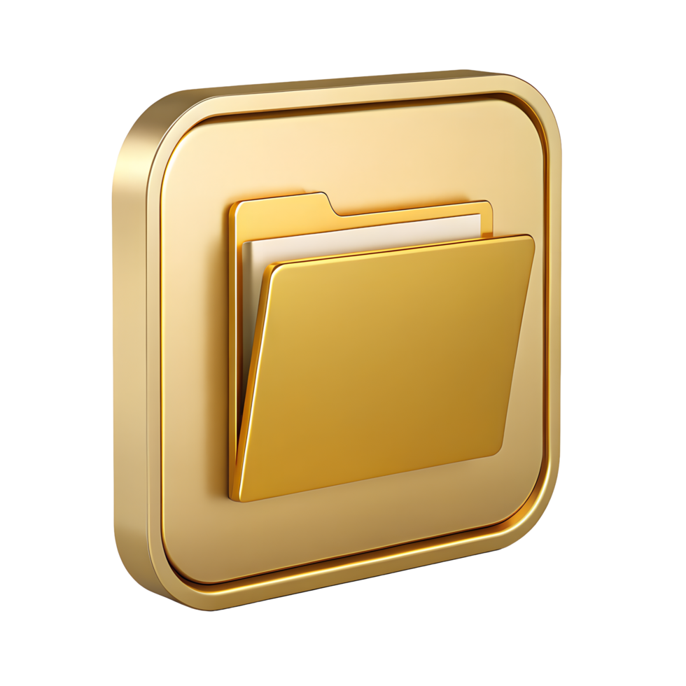 Golden 3D Render of a Square App Icon Featuring a Folder with Documents png
