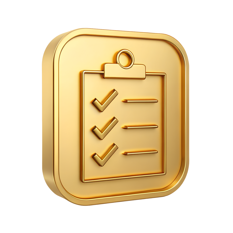 Gold 3D Checklist App Icon Task Management To Do List Completion Success Goal Achievement png