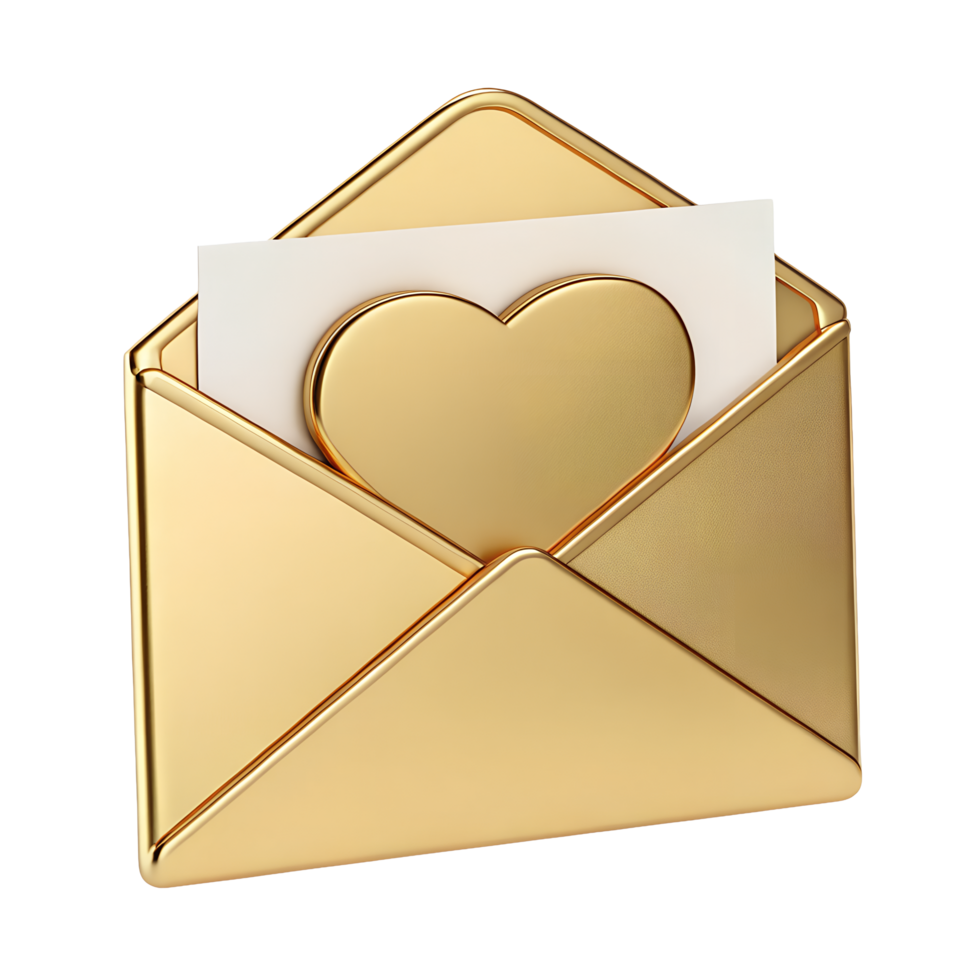 Golden Envelope with Heart Symbol Romantic Digital Mail Love Letter Concept 3D Render png