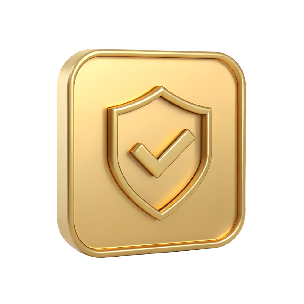 3D Golden Shield Icon with Checkmark Security Protection Approved Safe Success Guarantee App Icon png