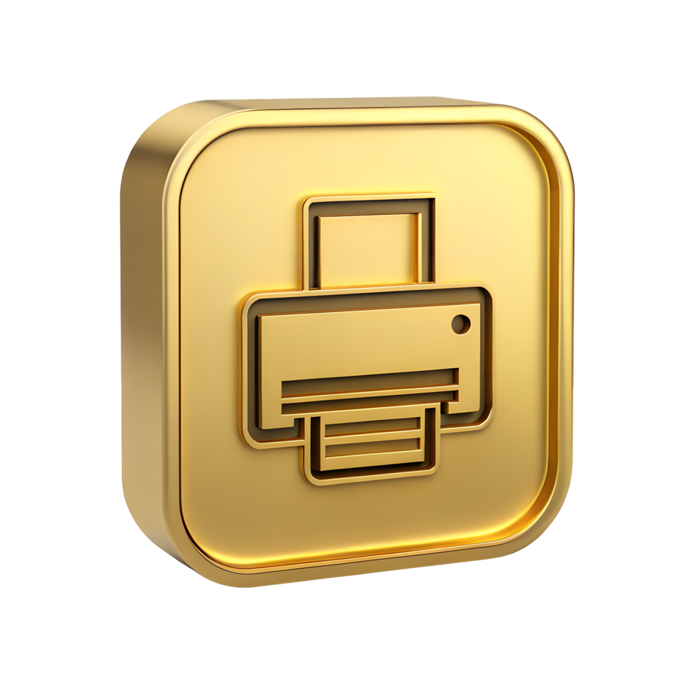 Golden 3D Printer Icon on Square Button Printing Technology Office Symbol png