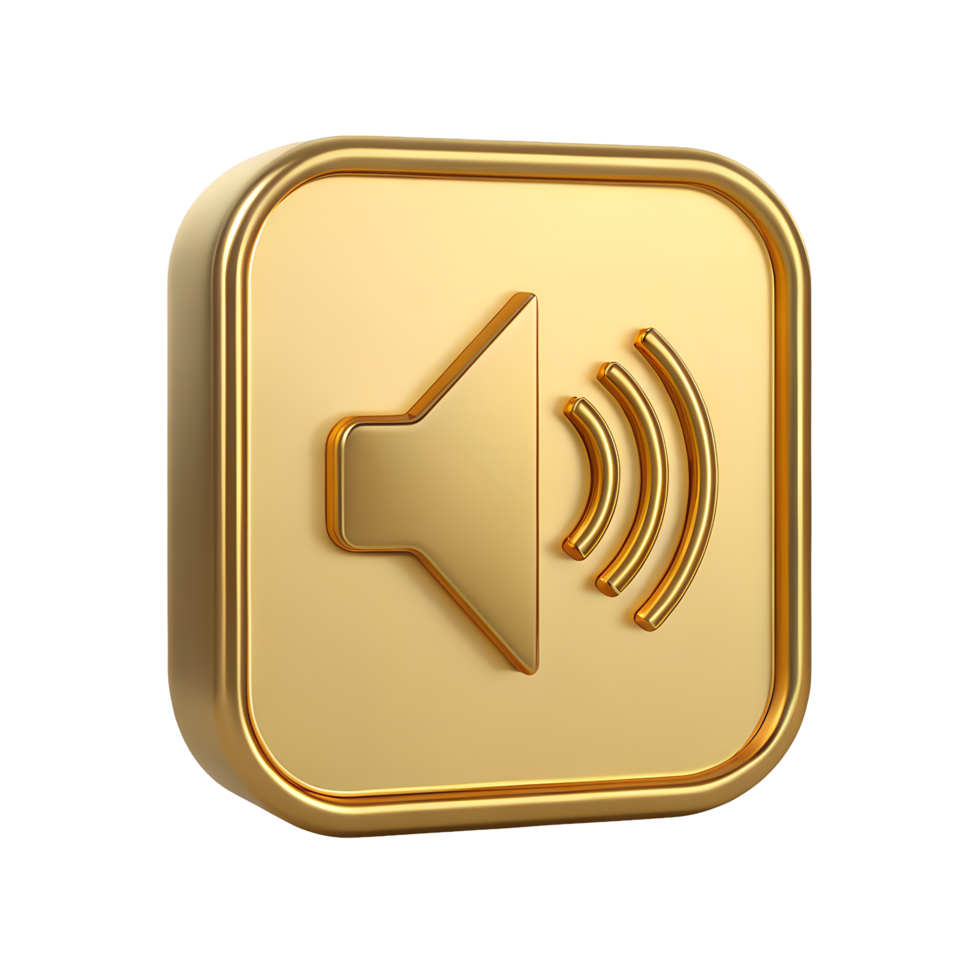 3D Golden Square Sound Icon Audio Volume Symbol Speaker Music App Button Premium Gold Design Element png