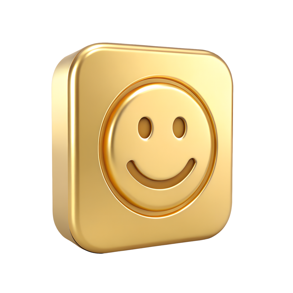 Golden Square Button with Smiley Face Icon 3D Render of Positive Feedback Symbol png