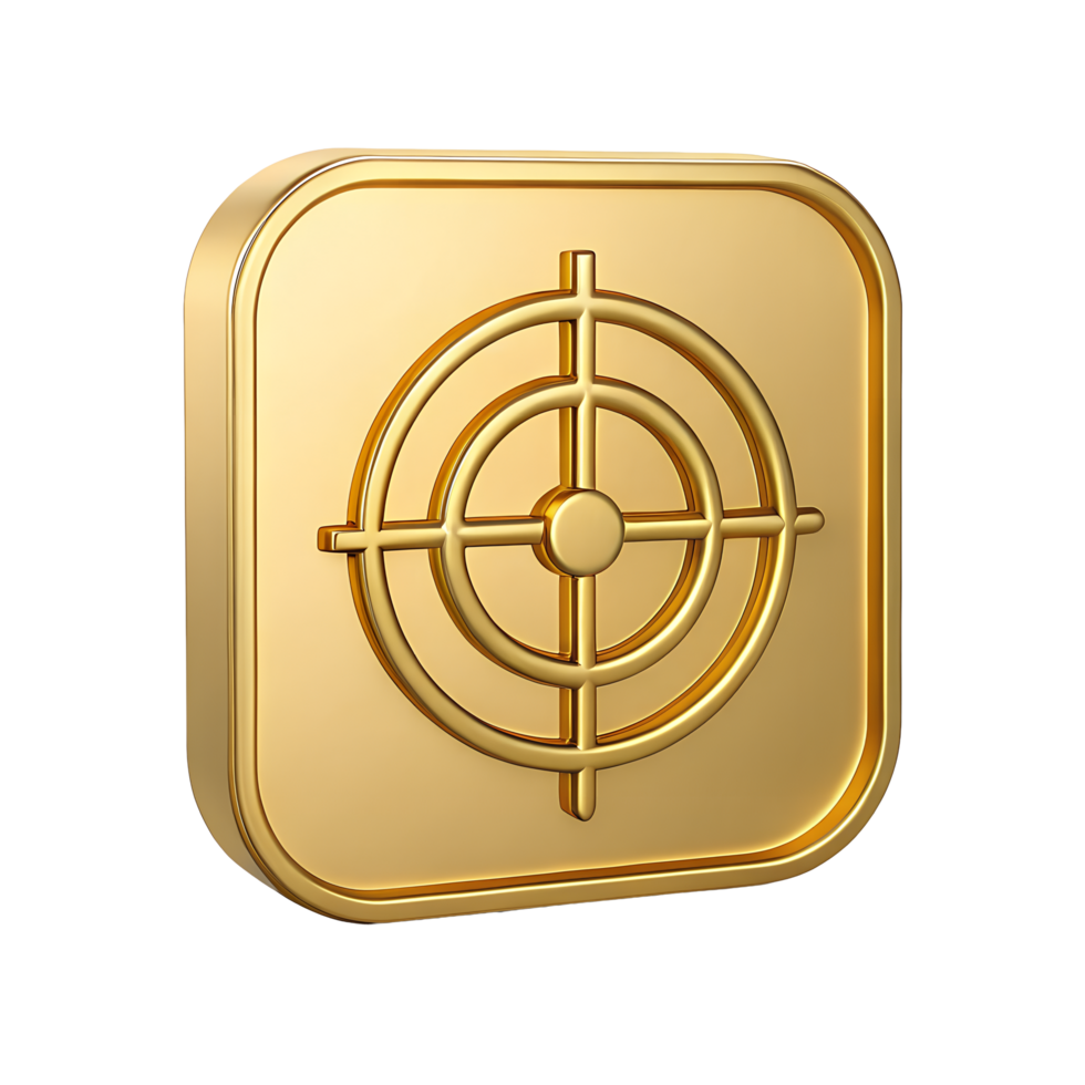 Gold Target Icon on Square Button 3D Render Aim Goal Achievement Success Business Marketing Strategy png