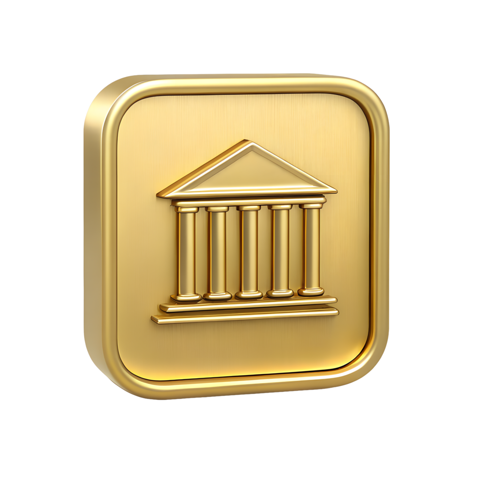 Golden 3D Render of Bank Building Icon Square Button Financial Symbol Investment Wealth png