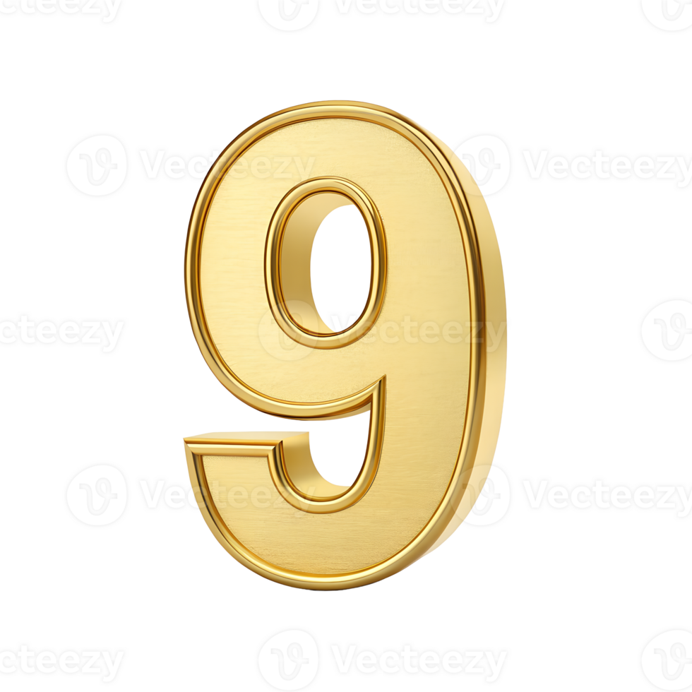 Golden number nine 3d render high resolution image perfect for celebrations anniversaries and countdowns digit nine gold texture isolated transparent background png