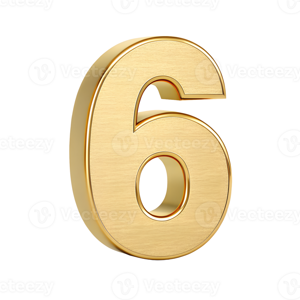 Golden Number Six A Three Dimensional Brushed Gold Digit Six Perfect for Design Projects Requiring Elegant Numbering png