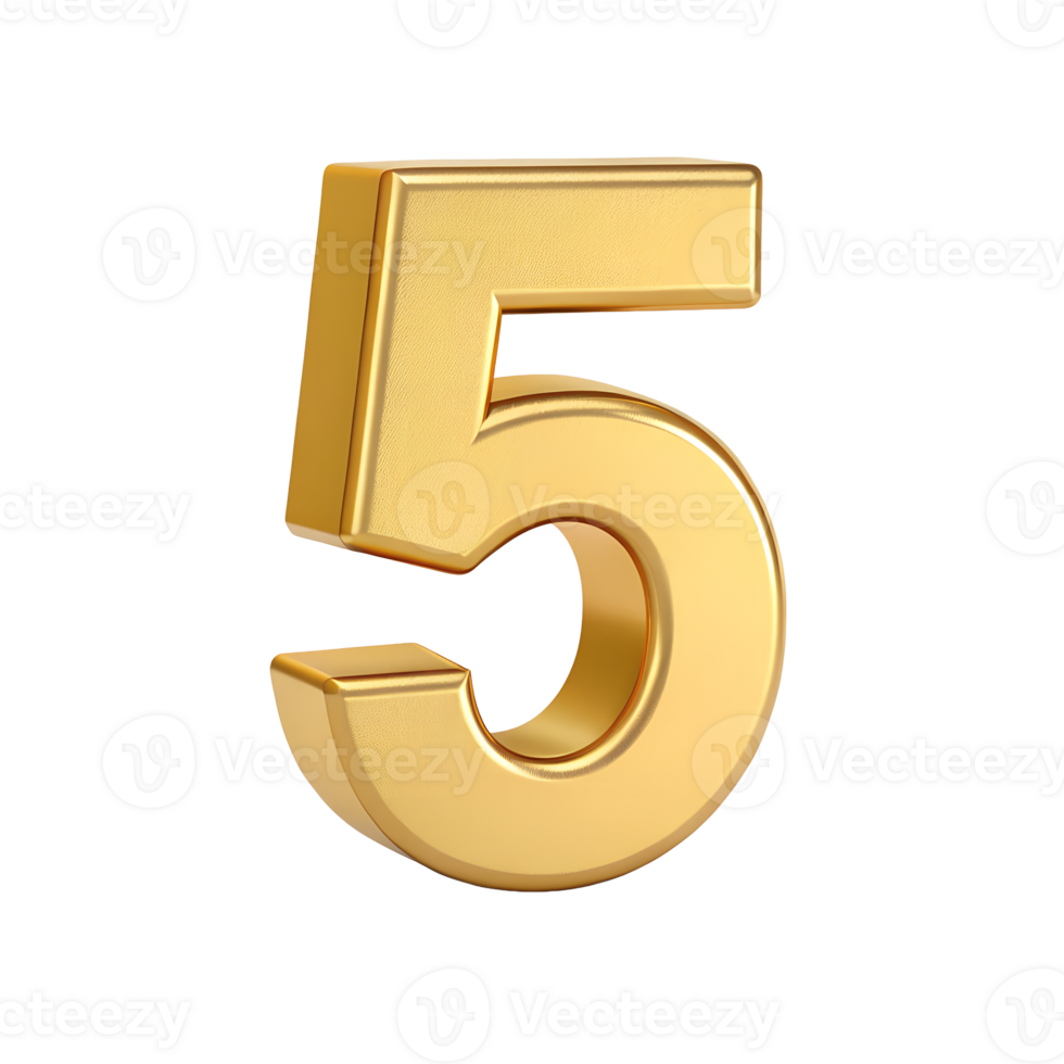 A three dimensional golden number five isolated on a transparent background this image is perfect for presentations websites or any project needing a shiny gold number five png