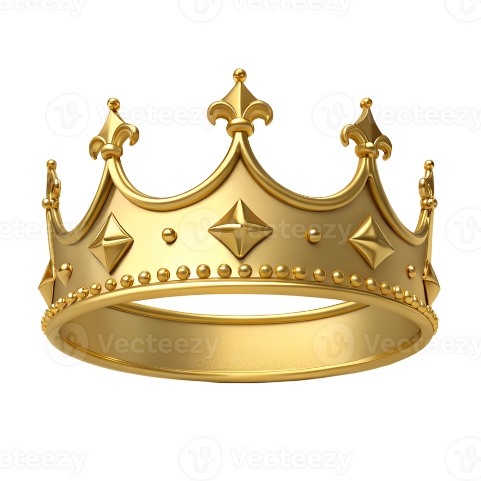 A majestic golden crown symbolizes royalty power and success It features intricate detailing including fleur de lis accents and sparkling gems perfect for regal themes png