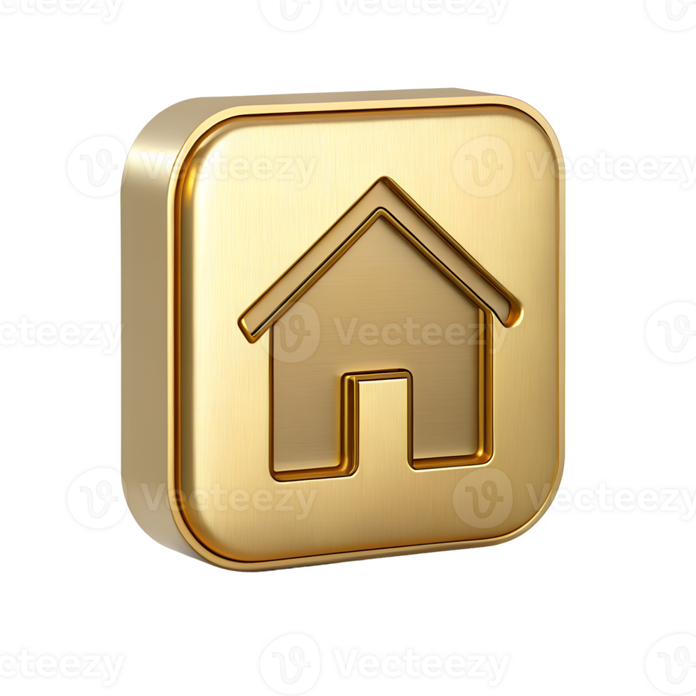 Golden Home Icon Button 3D Render Luxurious Square Design Element for Website or App Interface Home Page Navigation png