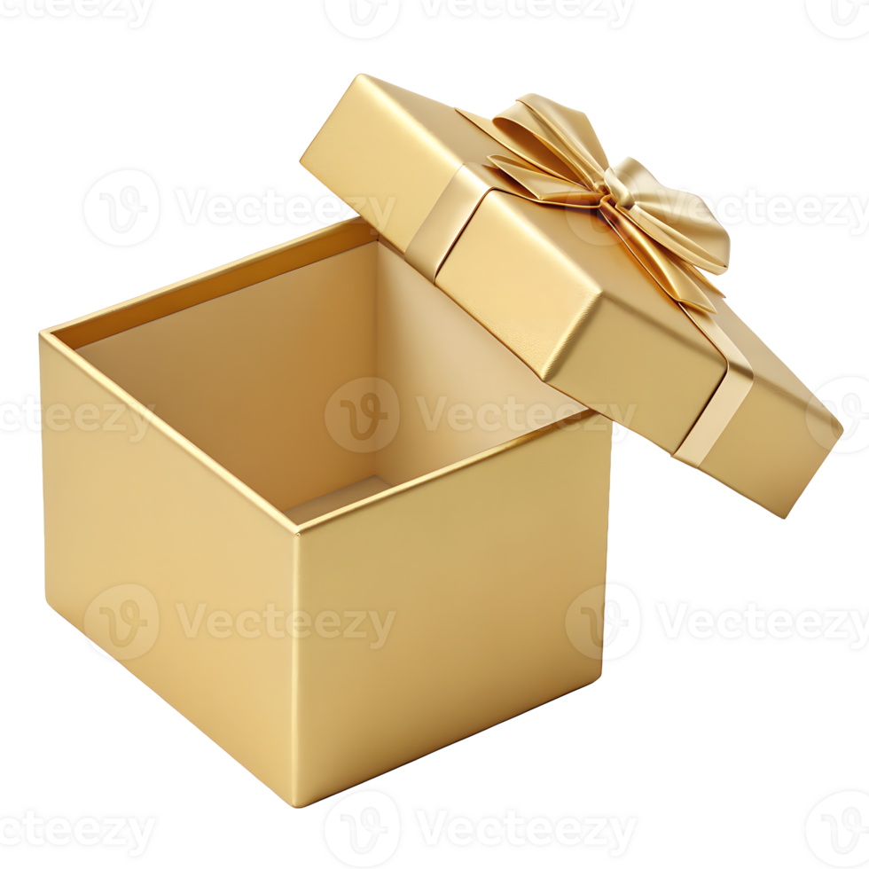Elegant Gold Gift Box Open with Ribbon Bow Awaiting a Special Surprise Perfect for Holidays Celebrations or Special Occasions Luxury Packaging Design png