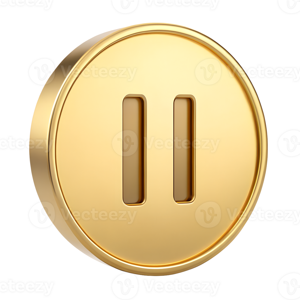 Golden Pause Button Icon 3D Render Circular Gold Media Control Symbol for Website Design App Interface User Experience UX Design png
