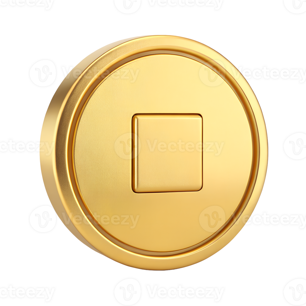 Golden Round Button with Square Center A 3D Render of a Luxury Gold Coin Shaped Button Ideal for Website Design Game Assets App Interfaces and More png