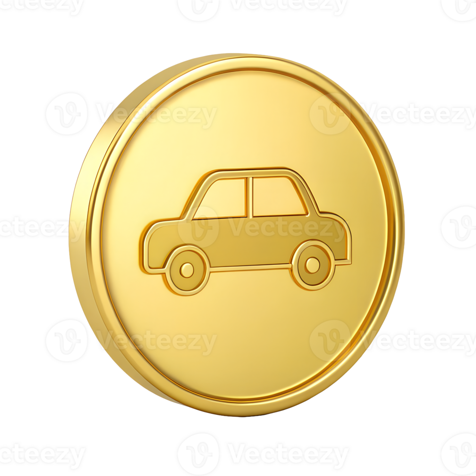 Golden Car Icon on Round Badge Transportation Symbol Luxury Vehicle Sign Gold Coin Automobile Graphic Element for Website App Design png