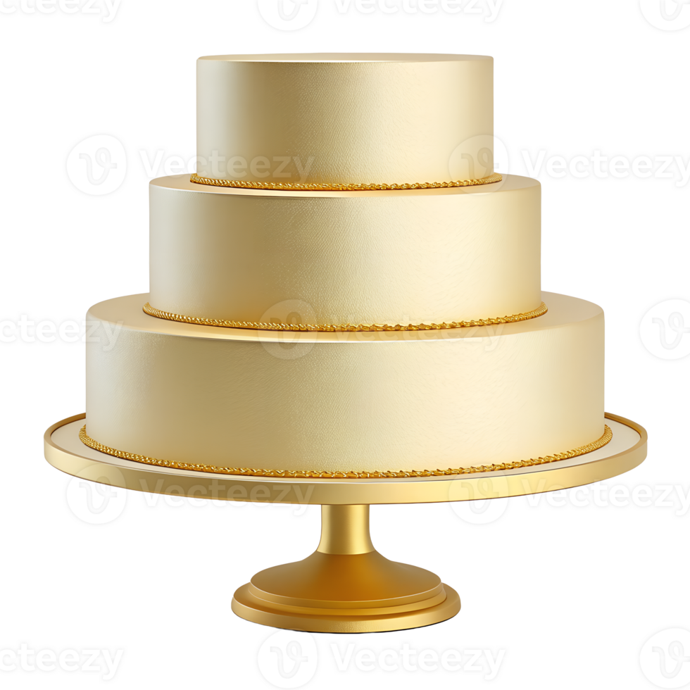 Elegant Three Tiered Wedding Cake on Gold Stand A luxurious creamy golden dessert perfect for special celebrations Ideal for wedding or anniversary invitations png