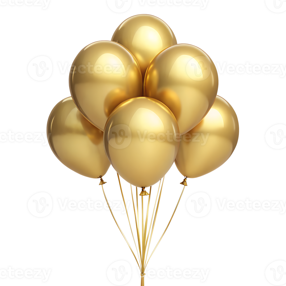 A cluster of shiny golden balloons tied together floats against a transparent background ideal for celebrations holidays events and festive designs png