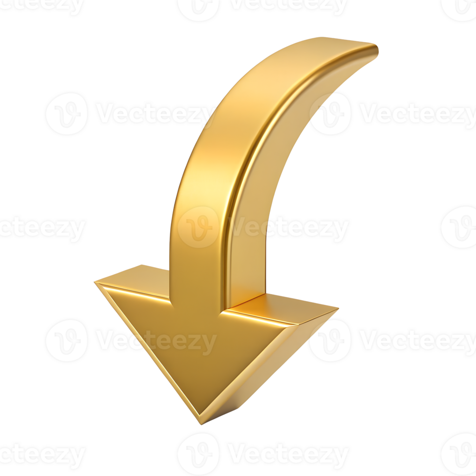 A Luxurious Golden 3D Arrow Pointing Downwards A Shiny Metallic Downward Arrow Icon for Download or Scroll Graphic Design Element png