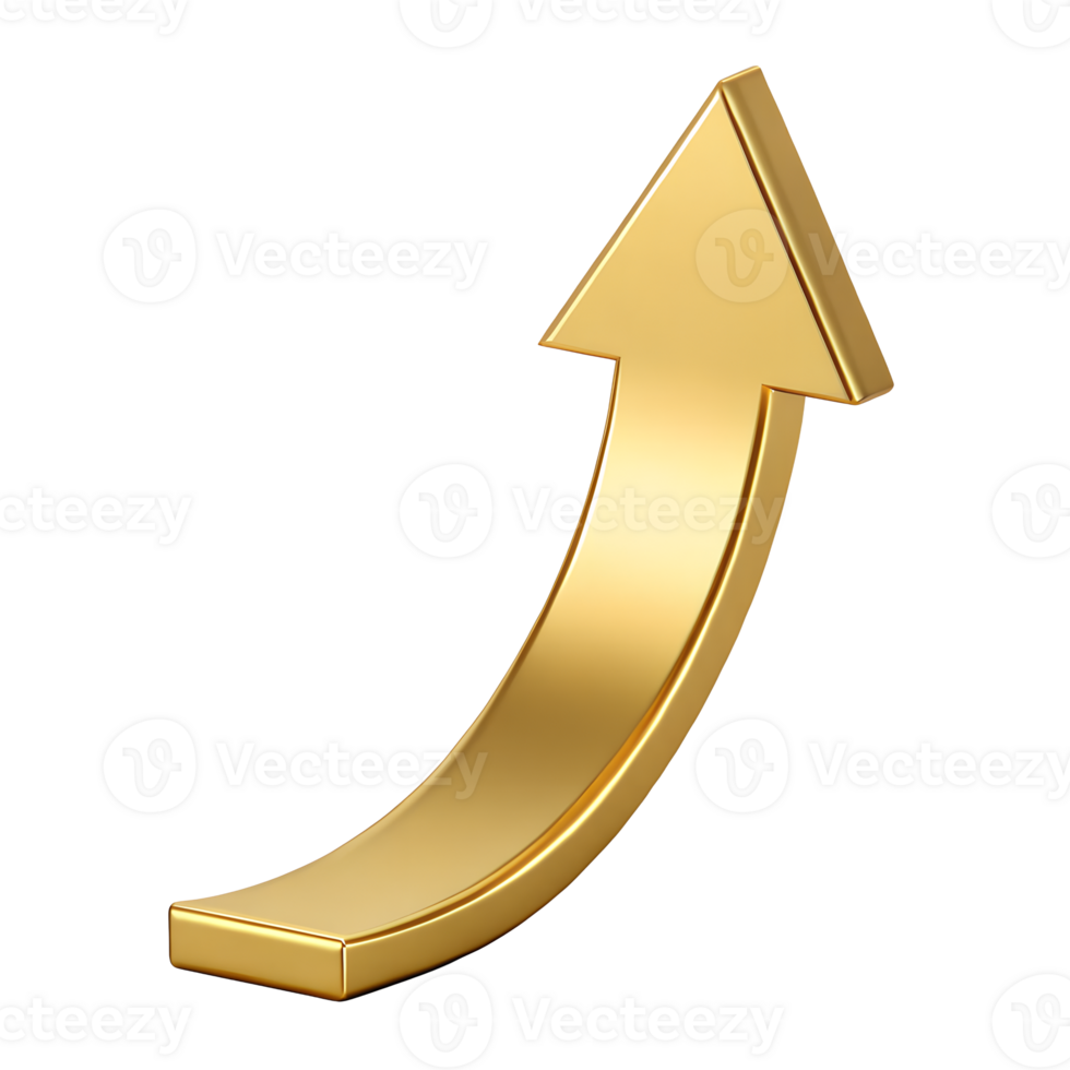 Golden 3D upward arrow curving signifying growth success progress achievement and rising This shiny gold arrow represents increase and improvement png