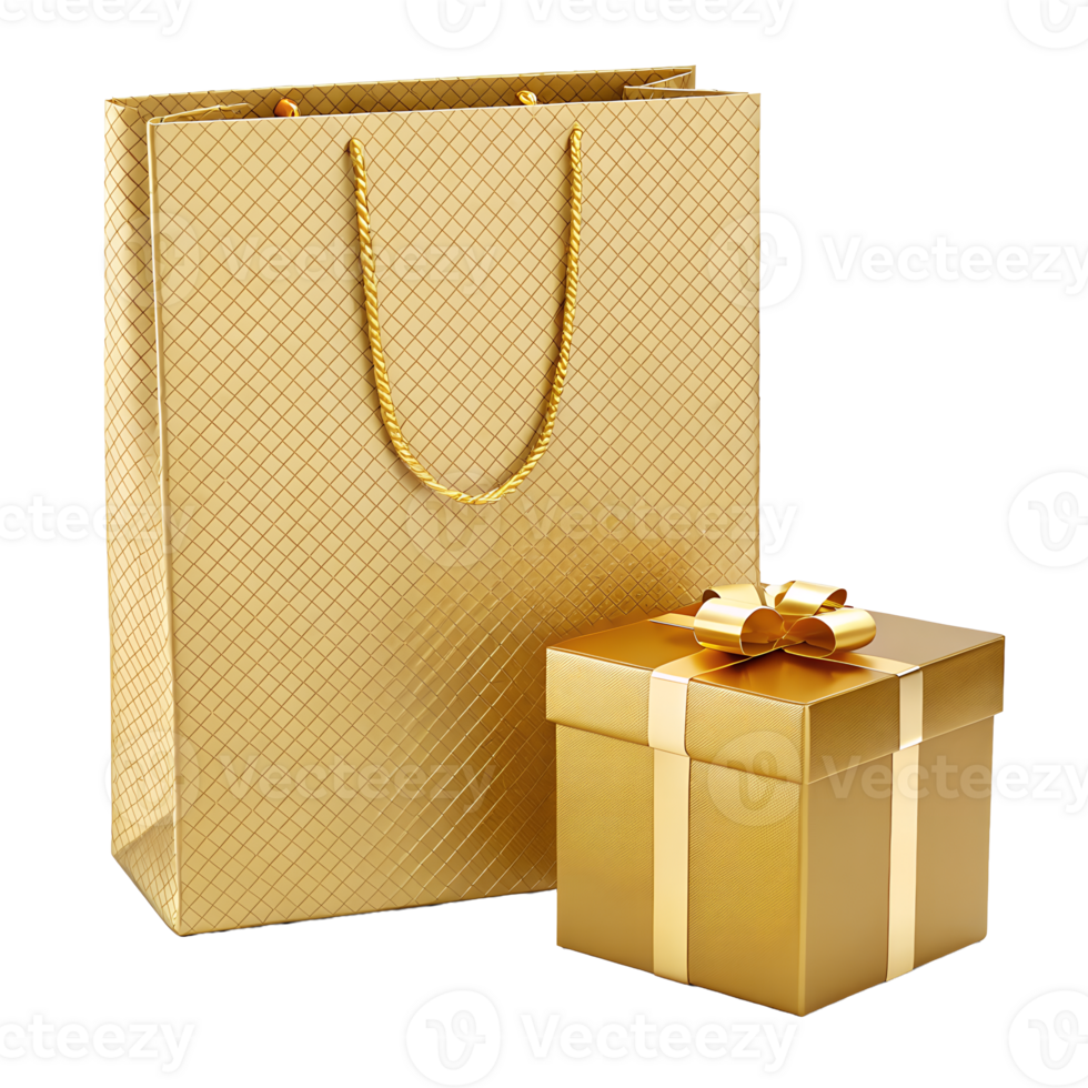 Elegant gold gift bag and present box isolated transparent background perfect for luxury branding holiday shopping or special occasions png