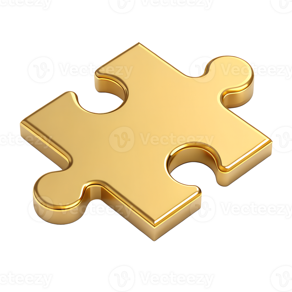 A single gold puzzle piece isolated on a transparent backgroundthis luxurious 3d rendered image is perfect for concepts related to solutions teamwork success and completion png
