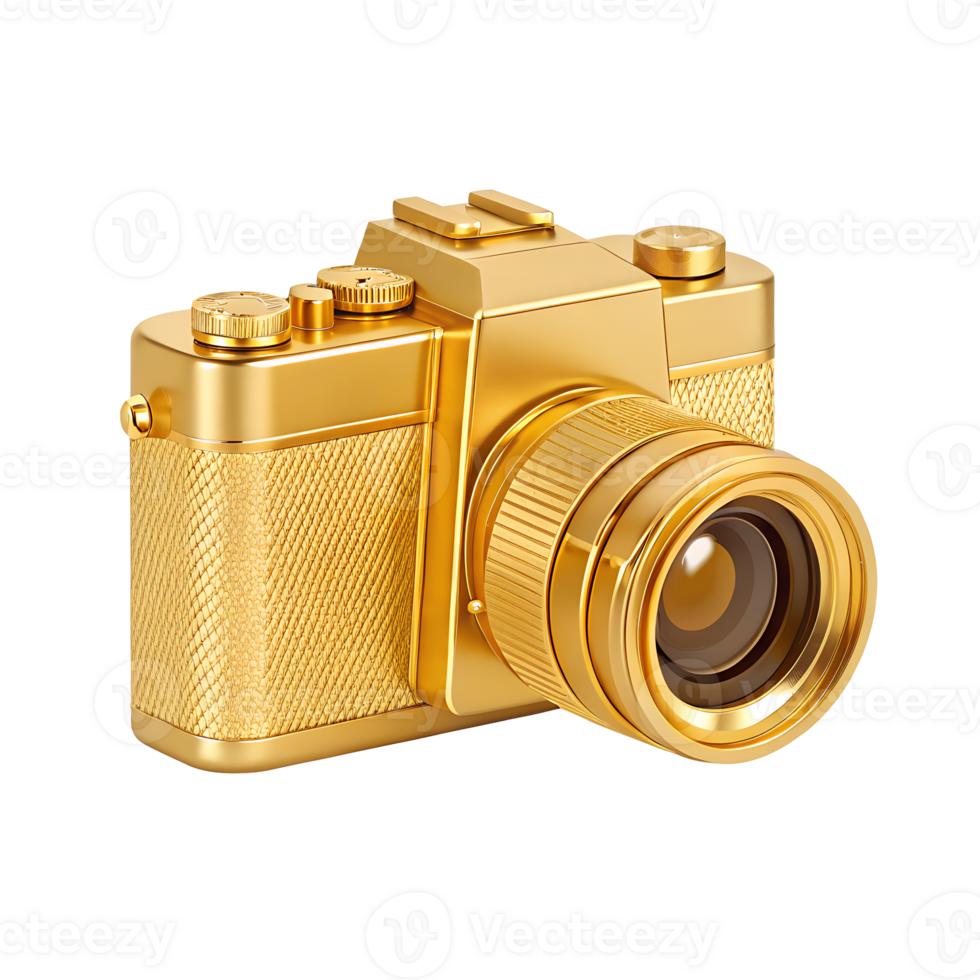 Luxurious Golden Film Camera Equipment A Stunning 3D Render of a Retro Gold Camera Perfect for Luxury Branding and Concepts png
