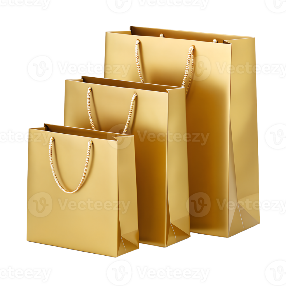 Elegant Gold Shopping Bags Set Three Sizes of Luxurious Gift Bags for Retail or Ecommerce Perfect for showcasing premium products or special occasions png