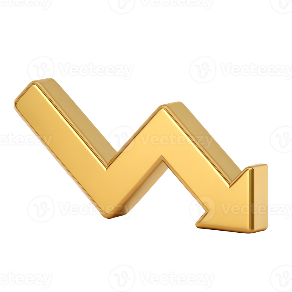 3D Render Gold Zigzag Downward Arrow Financial Crisis Stock Market Decline Loss Concept png