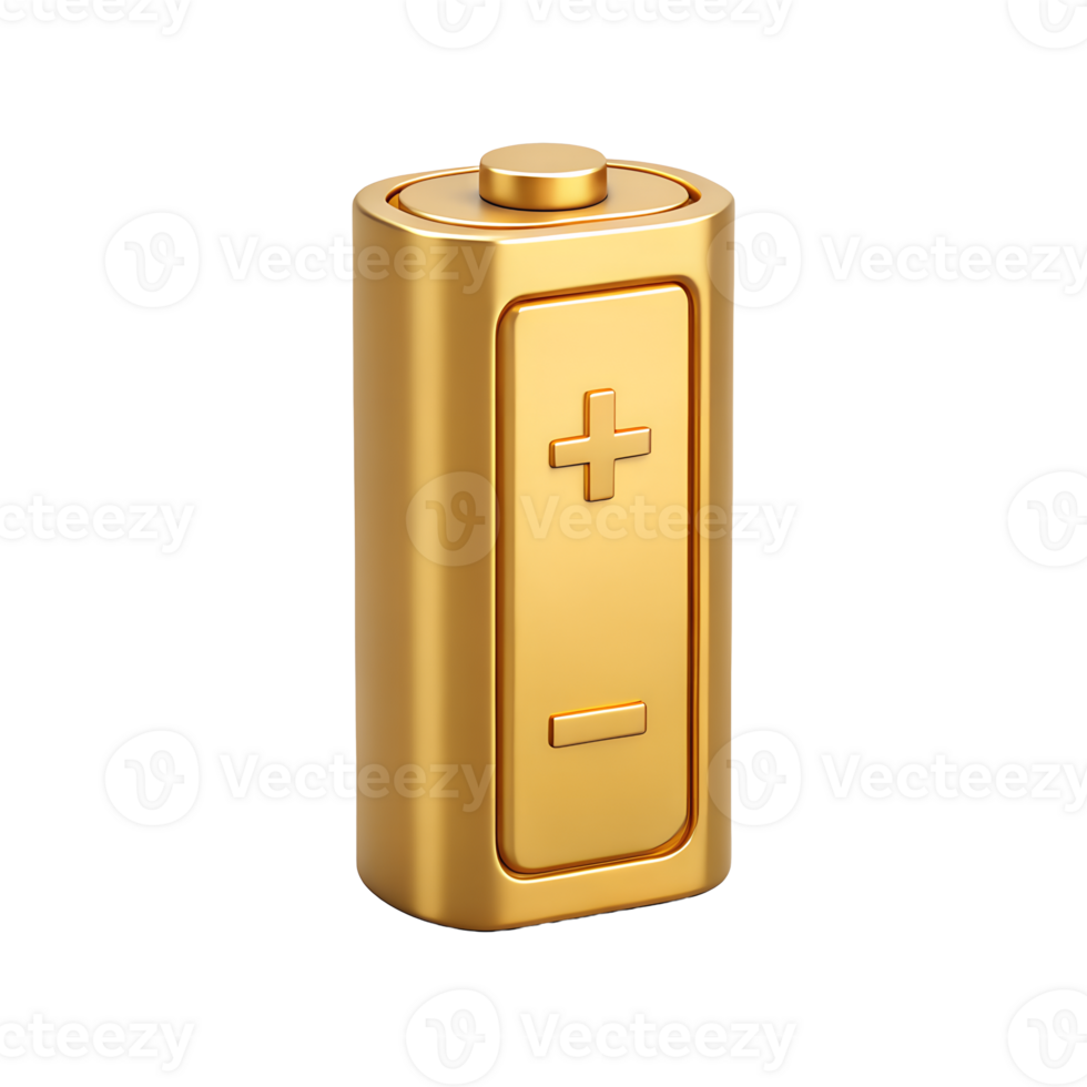 Golden Battery Icon 3D Render Energy Power Source Luxury Gold Battery Cell png