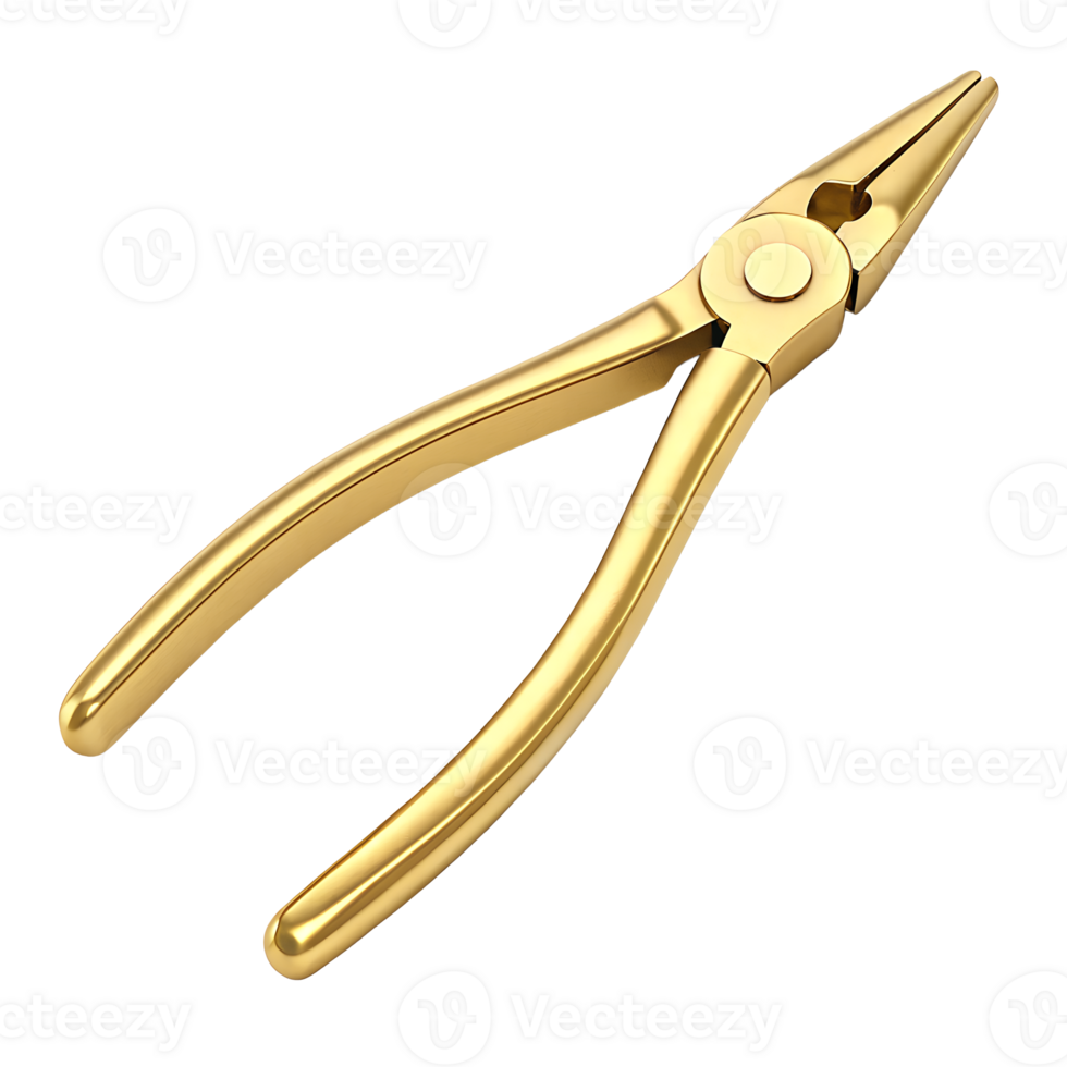 Golden long nose pliers precision tool luxury gold plated pliers isolated transparent background png