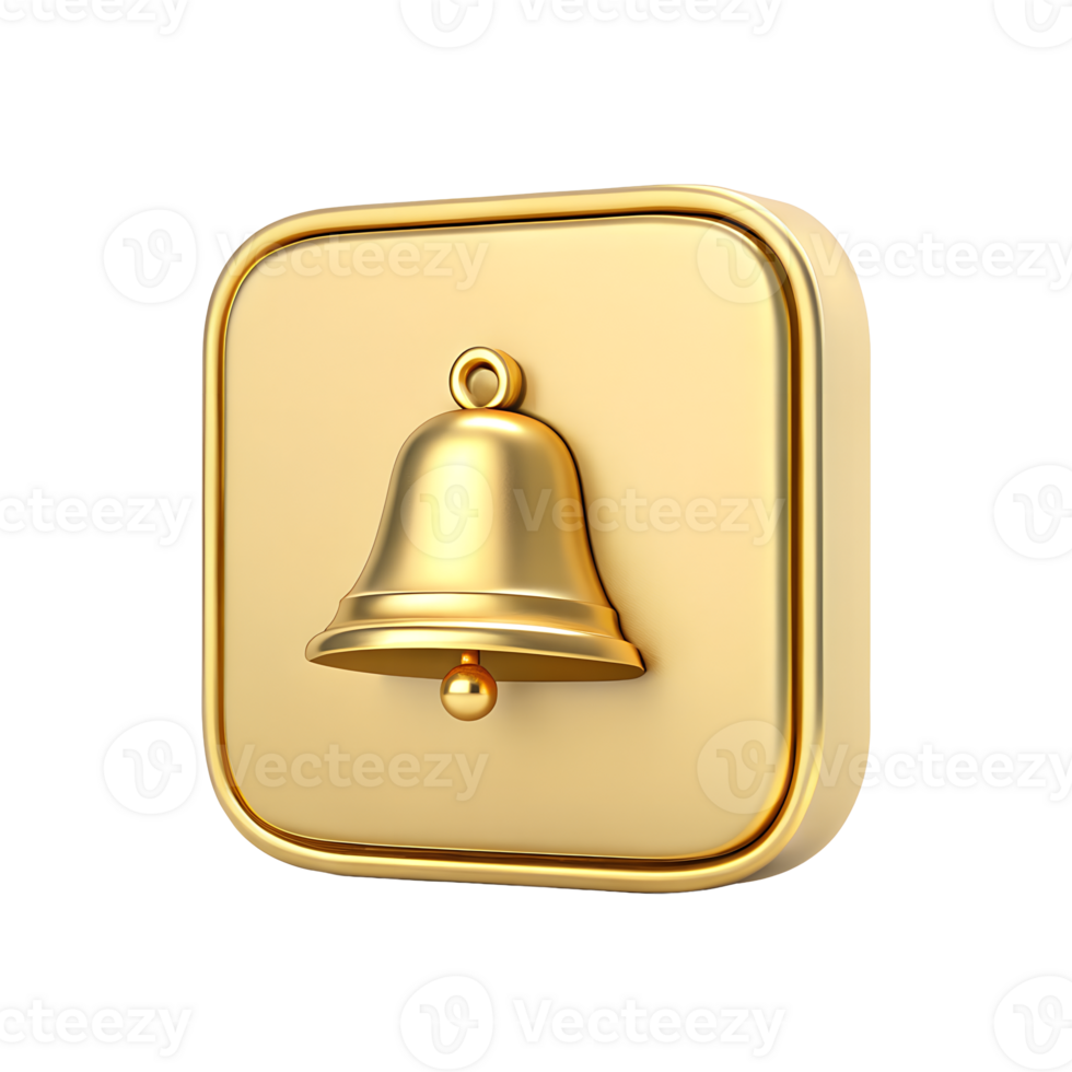 Golden 3D Bell Notification Icon on Square Button App Alert Shiny Gold Bell png