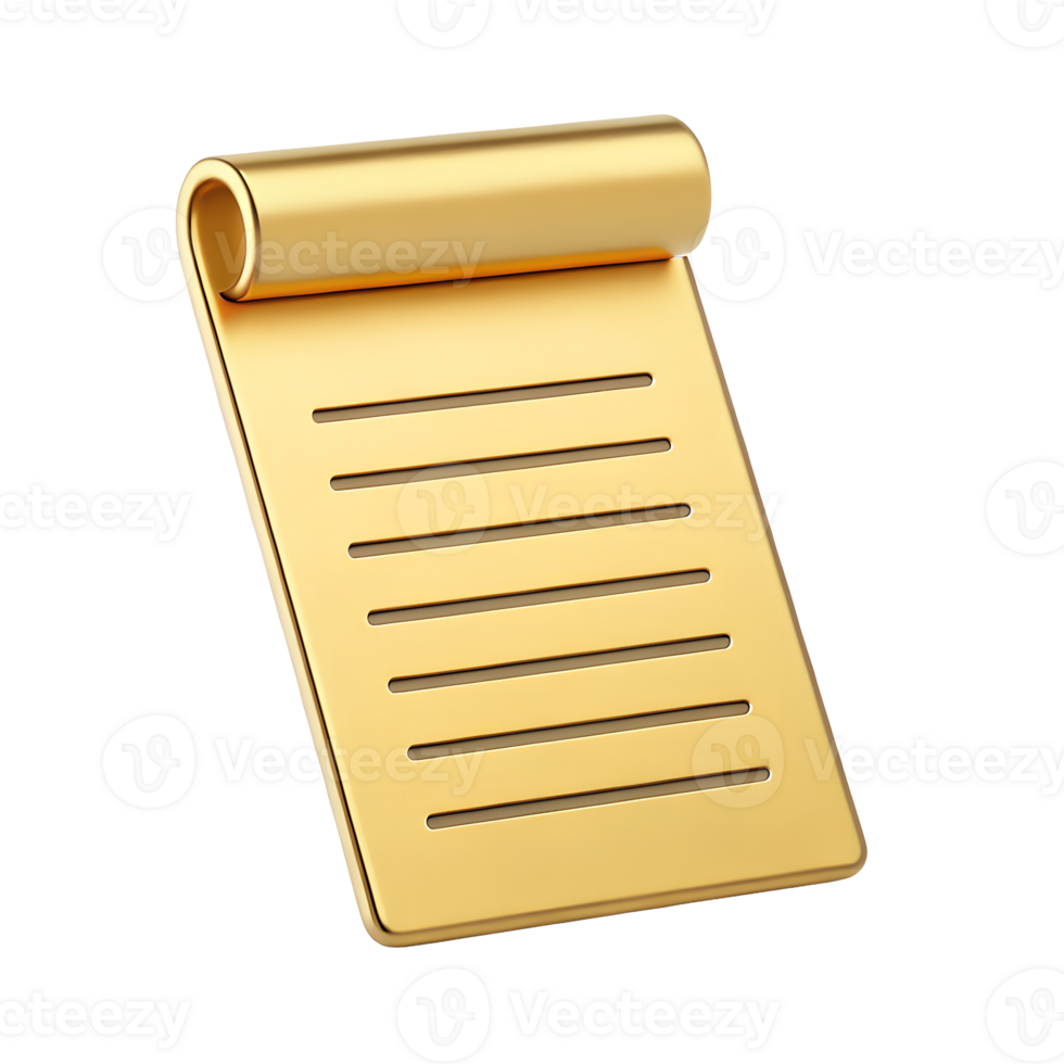 Golden Scroll Notepad Luxury Memo Pad 3D Render Blank Lines Gold Texture png