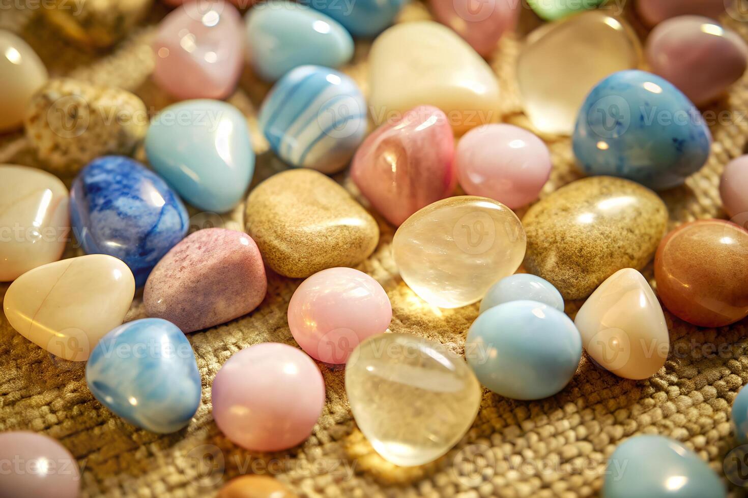 A collection of polished stones in various colors including pink, blue, yellow, and white, scattered on a textured beige surface photo