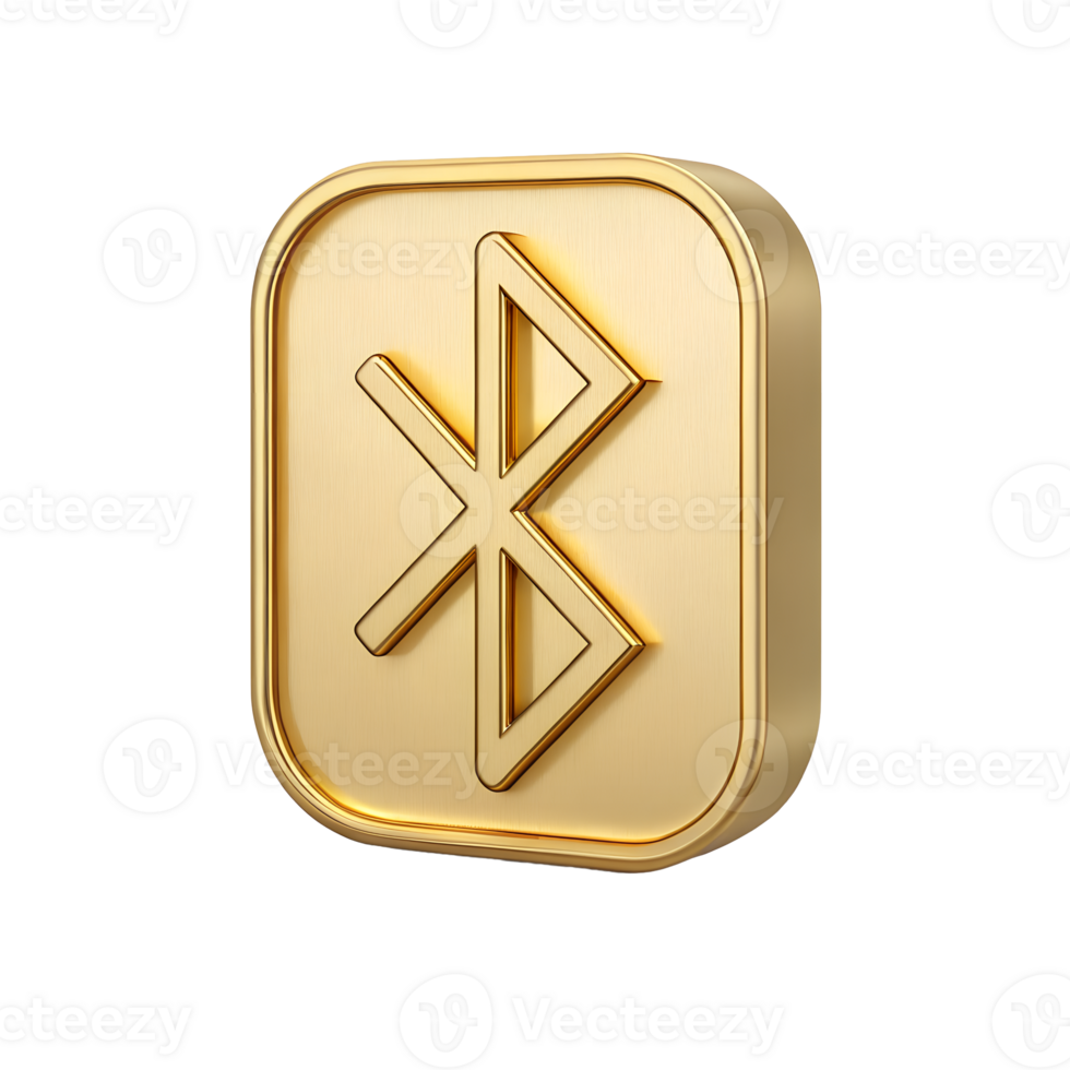 3D Render of Golden Bluetooth Symbol on Square Button Wireless Technology Icon png