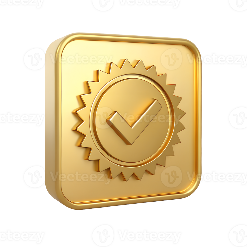 3D Golden Square Checkmark Badge Approved Seal Quality Guarantee Icon png