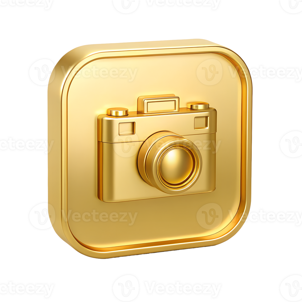 Golden 3D Camera Icon in Square Frame Luxury Photography App Symbol png